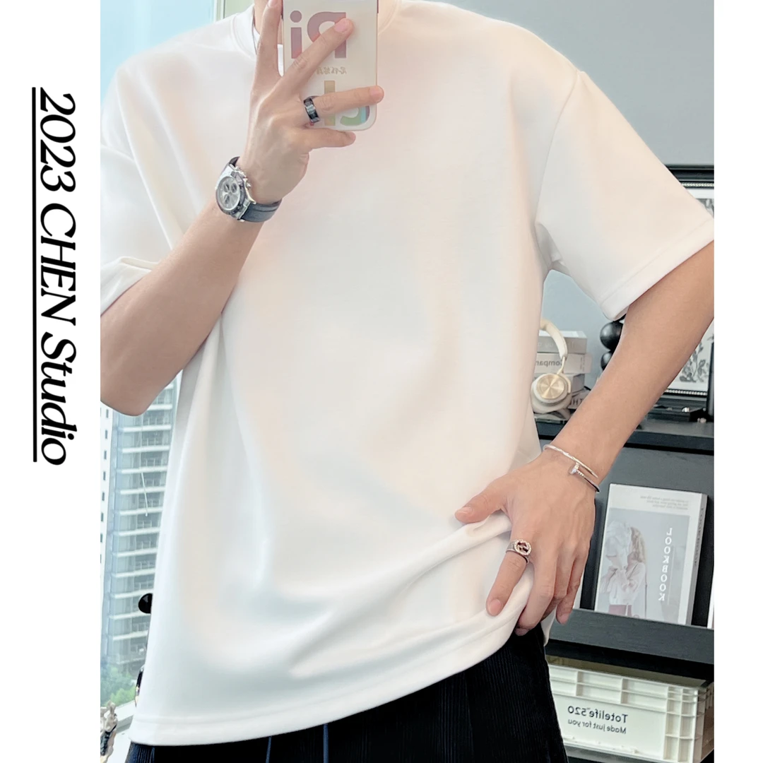 「陈叔」24｜夏季液态棉重磅简约ins宽松纯色情侣百搭圆领短袖T8350
