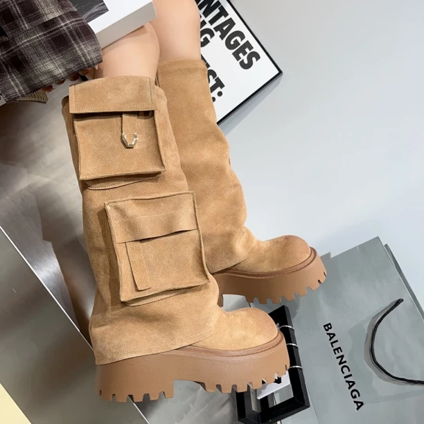 【小涵家】2024冬新款欧版做旧厚底时尚百搭瘦腿增高烟管裤管靴ins