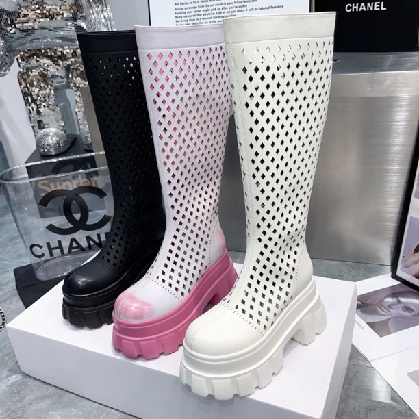 【小涵家】2024夏季款欧货时尚镂空透气厚底英伦高筒短筒靴女靴ins