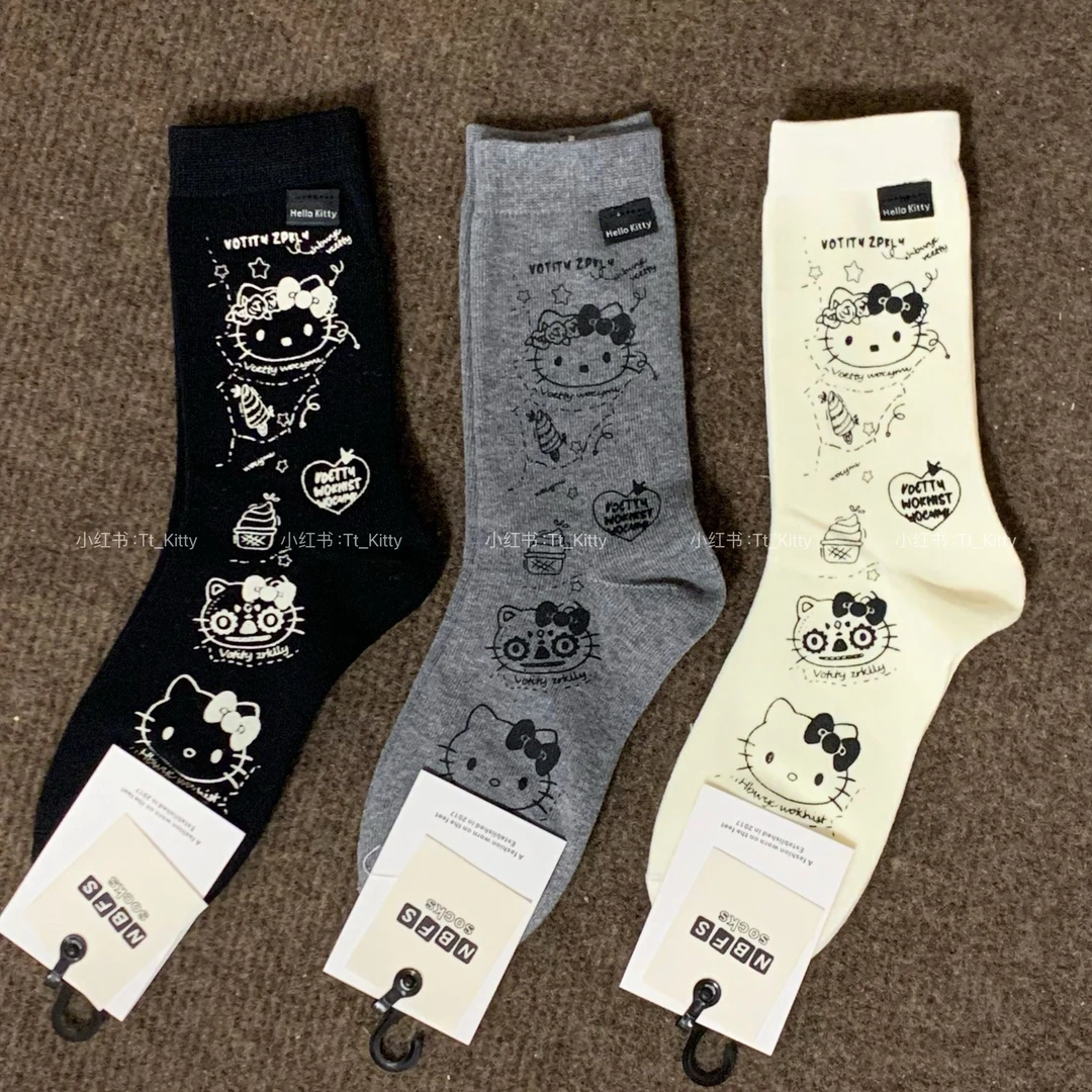 韩版新款涂鸦hellokitty袜子可爱印花舒适中筒袜