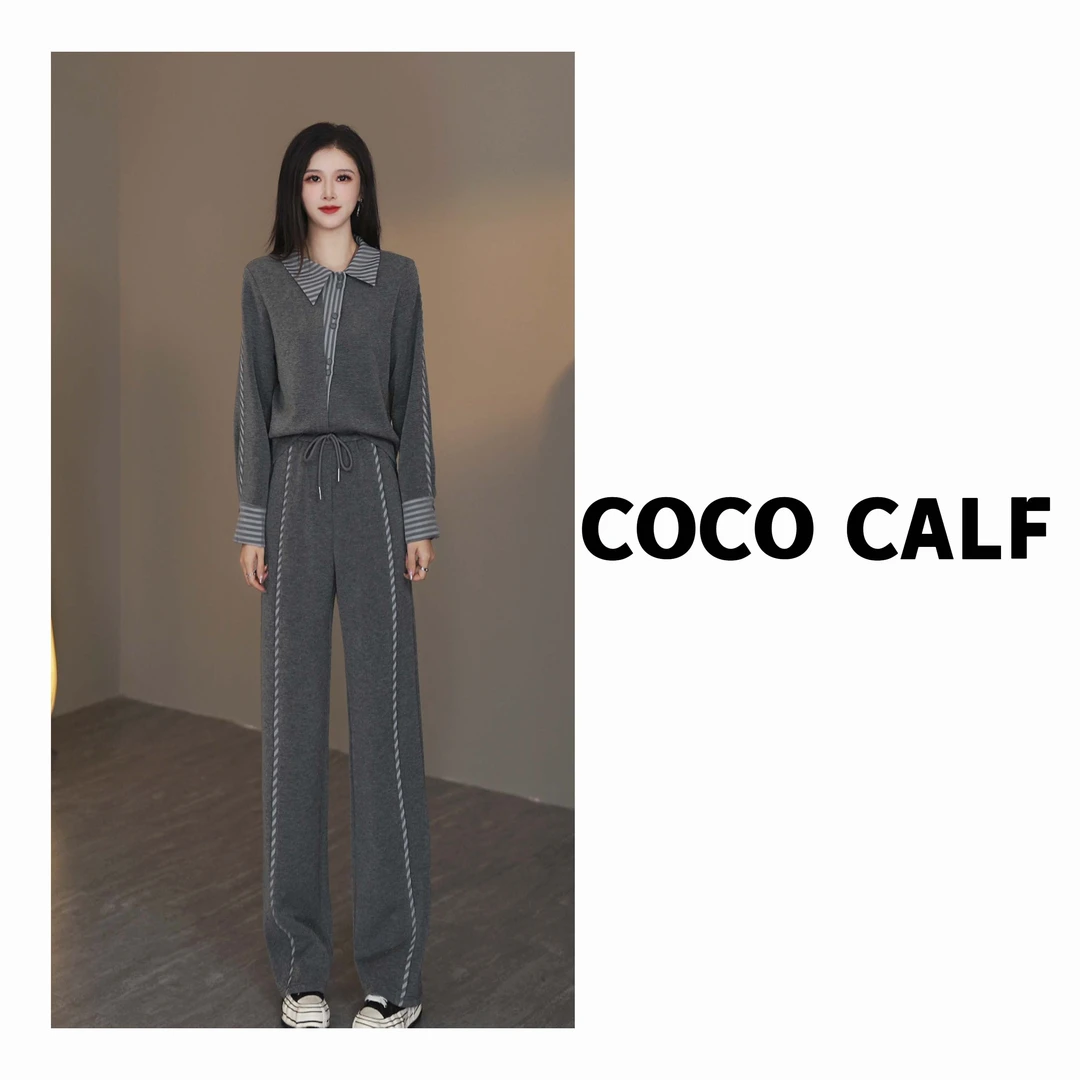 【冬季恋歌】几何条纹假两件长袖上衣+长裤套装 BCR2592