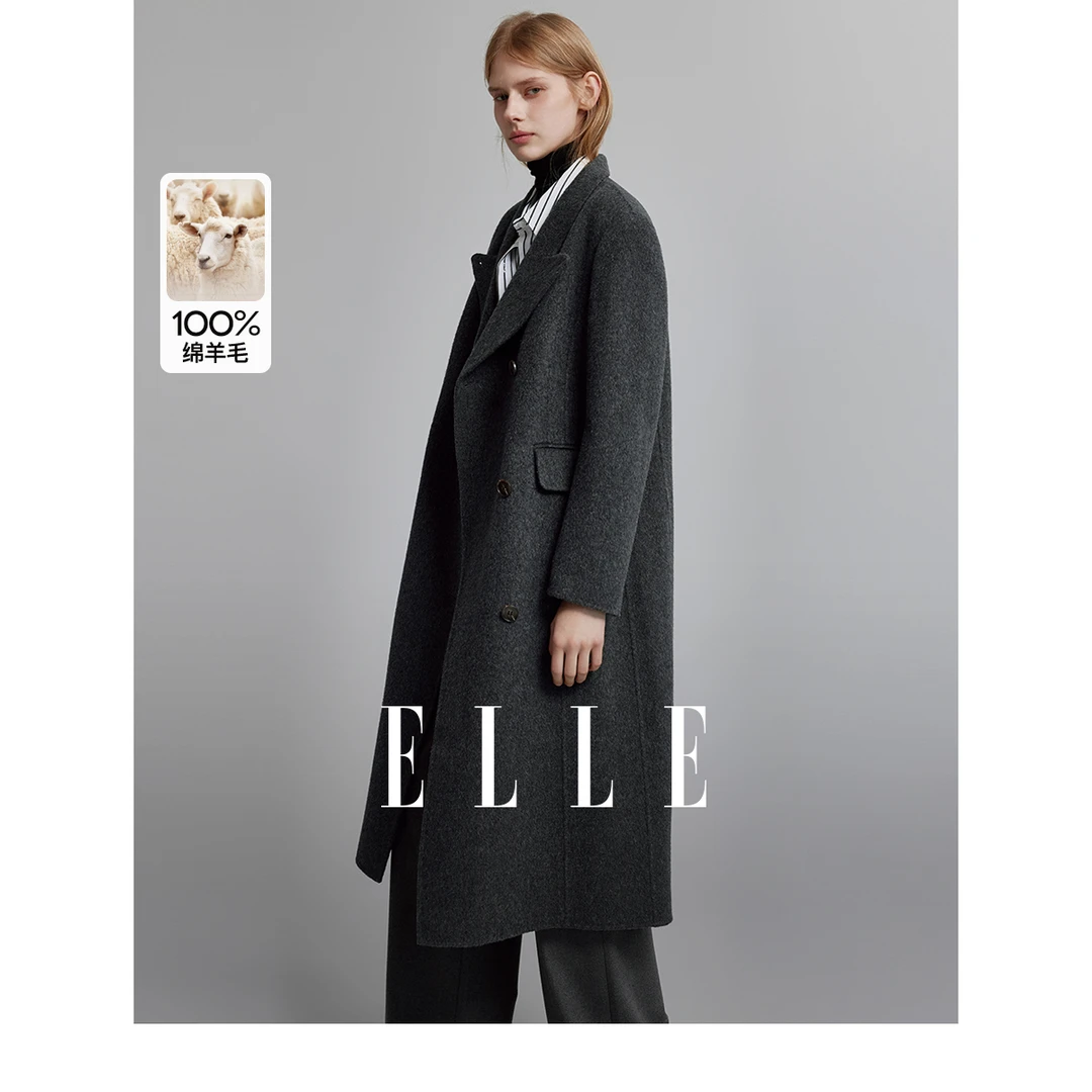 citywarm时尚黑色毛呢中长款大衣2023冬季双面呢外套EN36674宽松