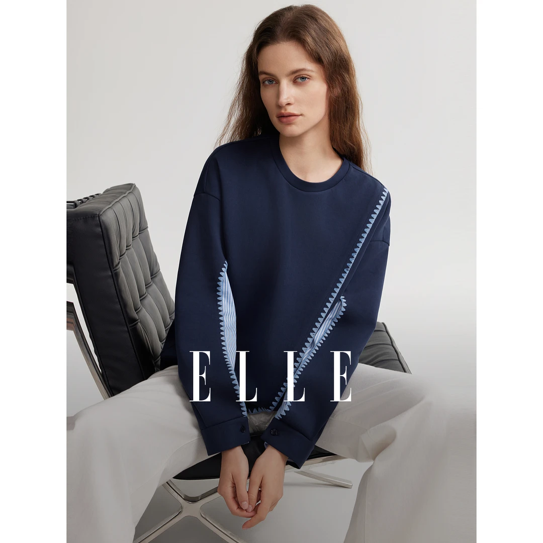 ELLE拼接百搭撞色设计感卫衣2025秋季新款欧若风时尚休闲EW48997