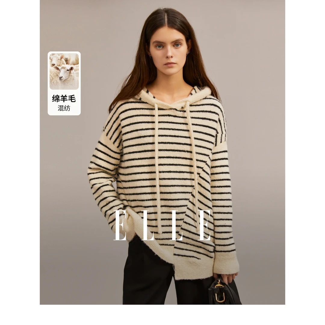 【籽言专属】休闲条纹连帽毛衣女2023秋冬百搭长袖针织上衣EM36662