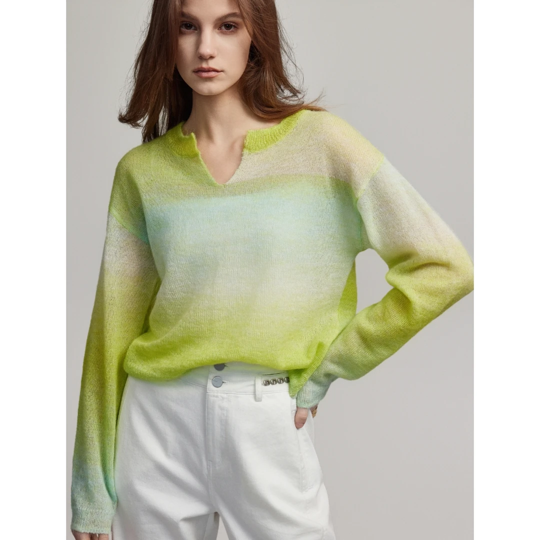 ELLE时尚设计感慵懒风毛衣2025春季新款渐变色长袖针织衫EM47344