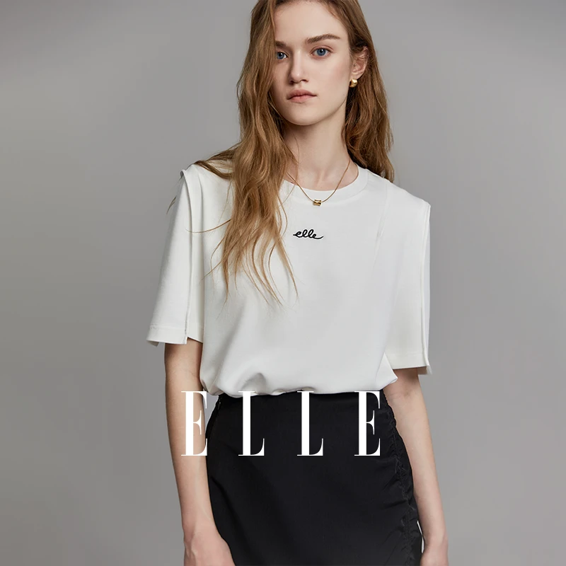 ELLE纯色法式风字母刺绣圆领T恤2024夏新款简约小众上衣-ET34595