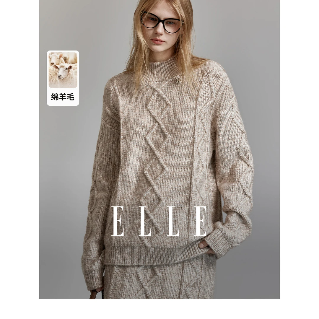 ELLE休闲加厚2023秋冬款提花时尚高领保暖厚毛衣复古EM36959套头