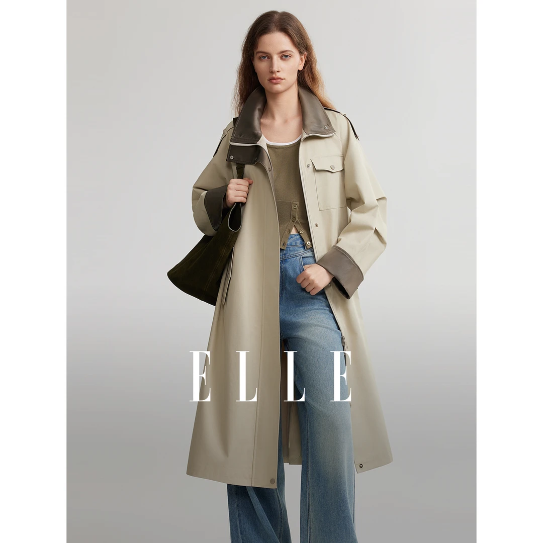 ELLE法式高级感拼接撞色长款风衣女2025秋季简约宽松外套ED49076