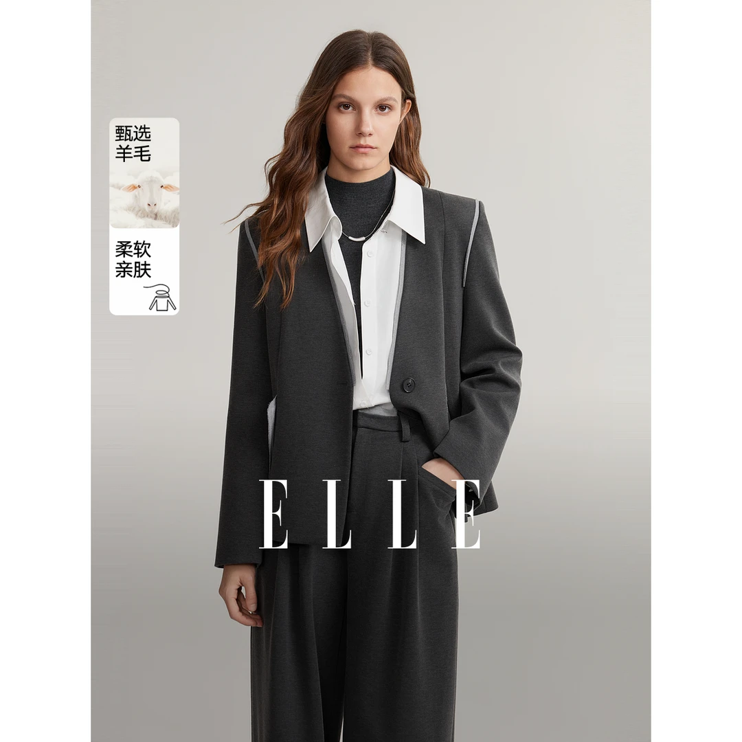 ELLE绵羊毛混纺撞色正肩西装外套2025春新高级感休闲气质EX49463
