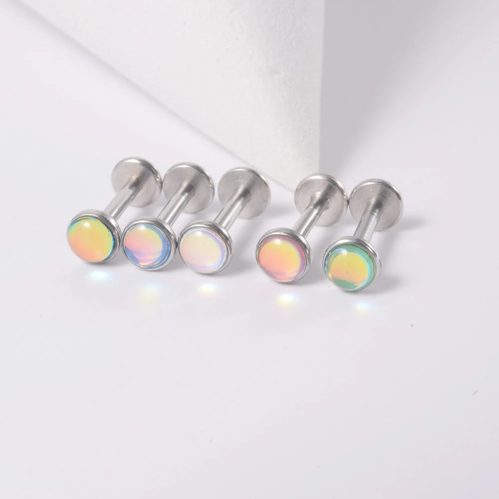 钛钢耳饰 钛钢闪光膜渐变色内牙耳钉幻彩多色唇钉T形内螺纹耳骨钉