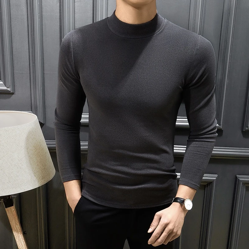 秋冬双面绒半高领打底衫男纯色双面磨毛长袖男士保暖内搭秋衣加厚