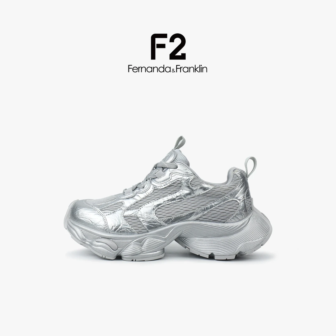 F2潮流时尚老爹鞋女金属皮质感鞋面拼接网面舒适透气厚底增高