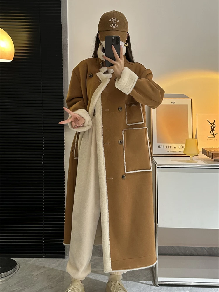 双面穿皮毛一体加厚机车服秋冬长款环保外套大衣女冬11