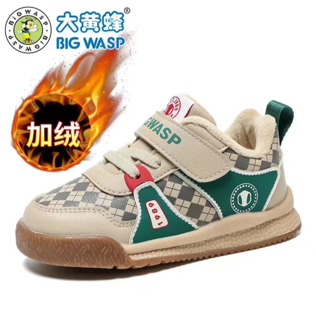 BIG WASP/大黄蜂宝宝鞋2023冬季皮面男女儿童板鞋软底防滑机能鞋