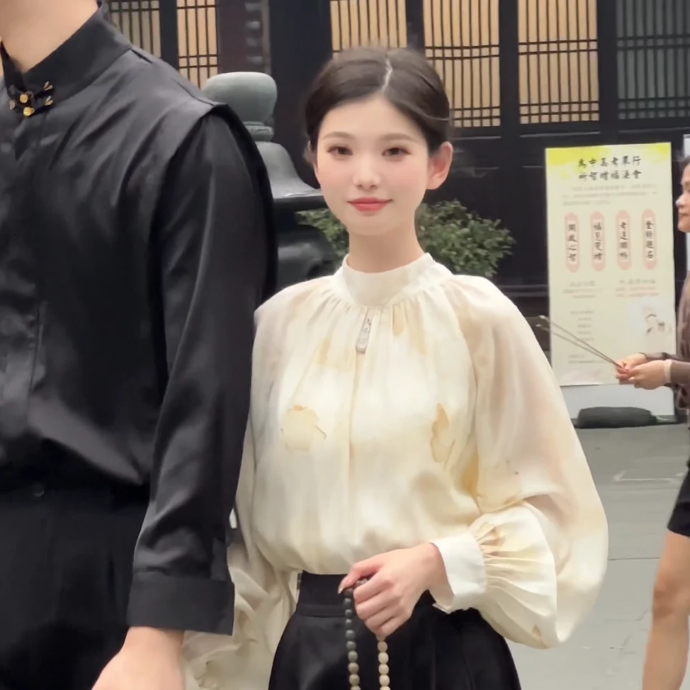 【熙木】【蝴蝶】【清凉】气质百搭时尚复古长袖圆领衬衫4XCXB6375