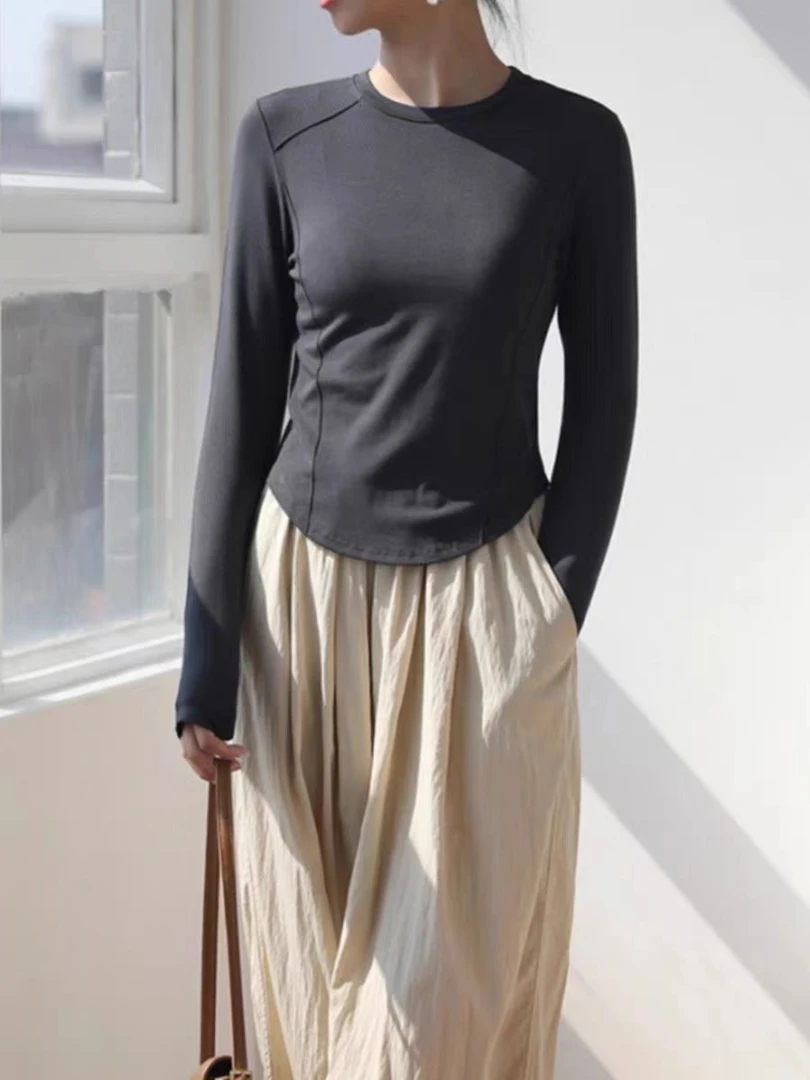 【柒悠】短款打底衫女秋冬长袖小个子鱼骨收腰上衣内搭面膜正肩T恤