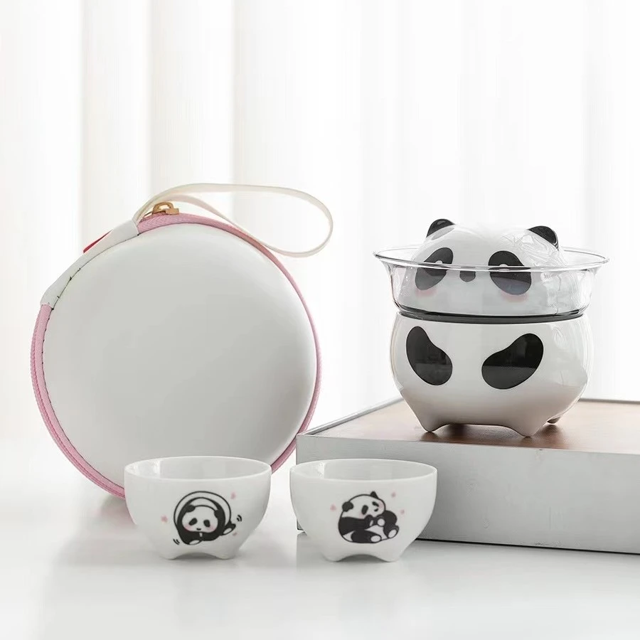 网红国宝熊猫便携式旅行茶具小套装精致女士可爱泡茶杯露营快客杯