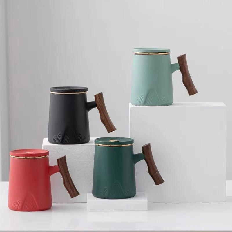个人专用高档茶水分离茶道杯木柄陶瓷泡茶杯大容量过滤喝水杯子