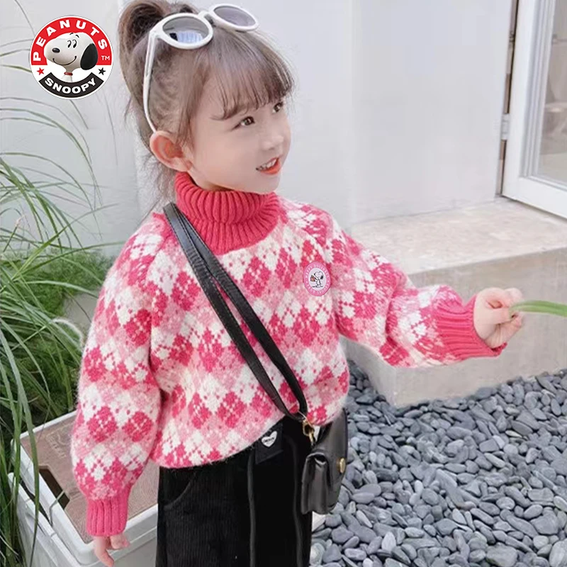 Snoopy/史努比冬季女童加绒加厚套头毛衣儿童韩版高领洋气毛衣