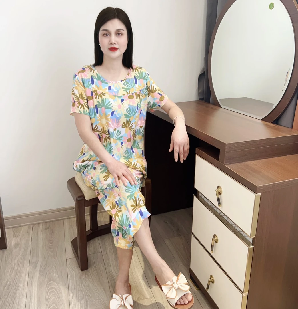 2024年春夏季45支印花棉绸家居服套装时尚女款爆款睡衣女宽松印花