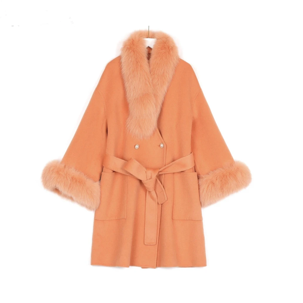 高级狐狸毛冬季新款领拼接羊绒衣长款2024年冬季加厚保暖皮毛一体