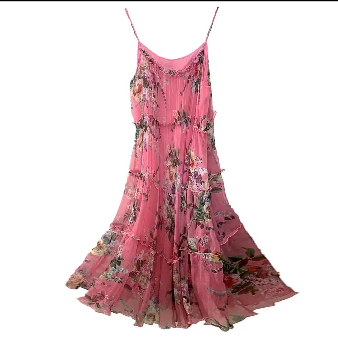 2024年新款真丝印花吊带连衣裙女海边度假裙子粉色桑蚕丝中长裙子