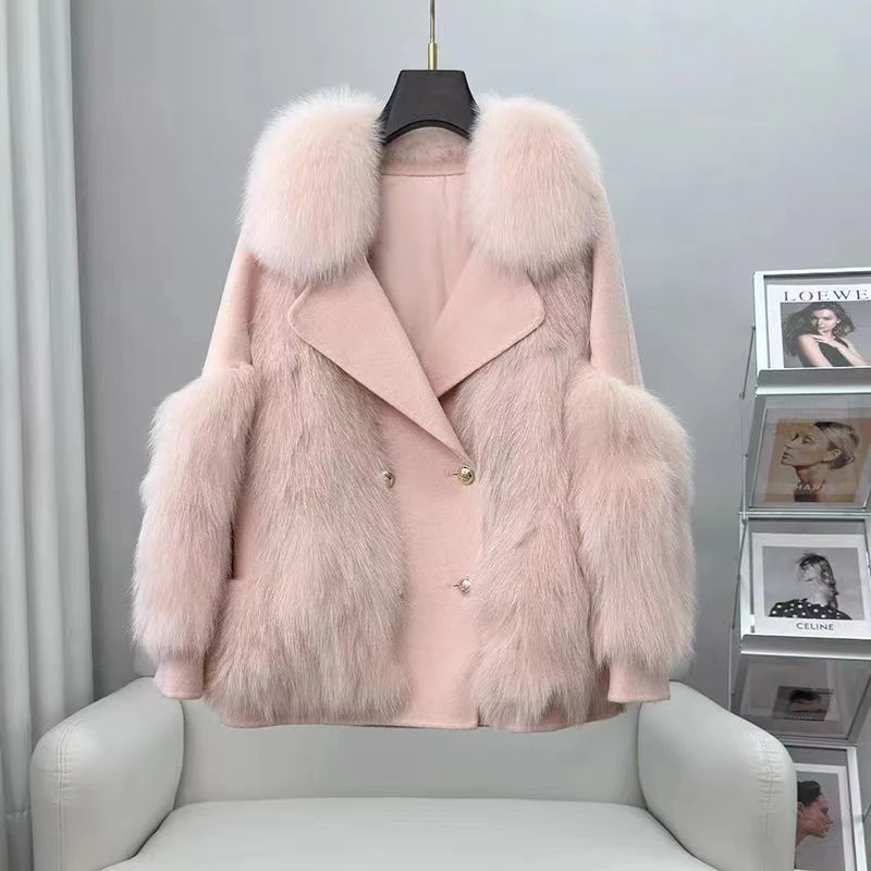 新款狐狸毛领拼接加厚羊绒百搭大衣2024年冬季保暖粉色羊皮草外套
