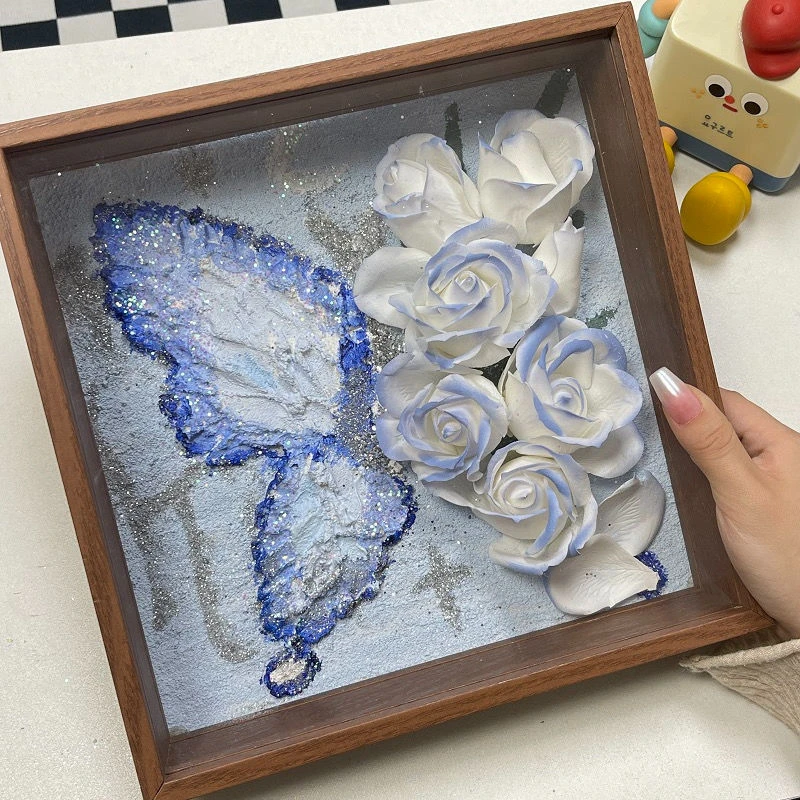 新款手工DIY蝴蝶肌理画玫瑰花相框diy材料包装饰送闺蜜女朋友yw