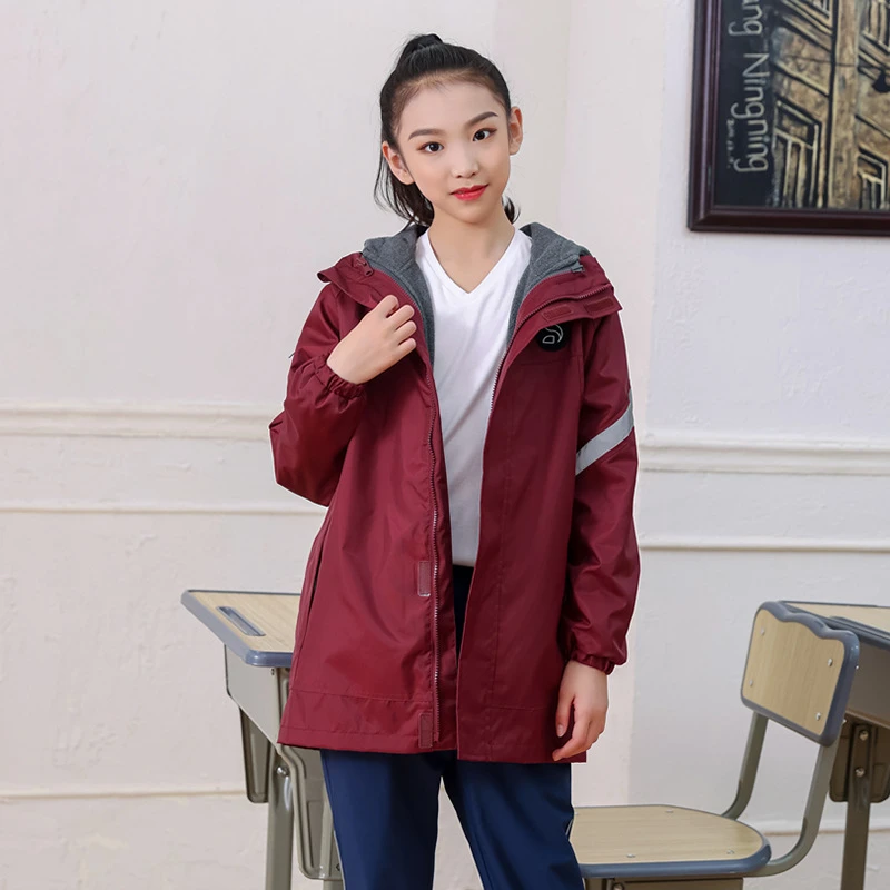 3A2-7枣红长款冲锋衣学生冬季校服
