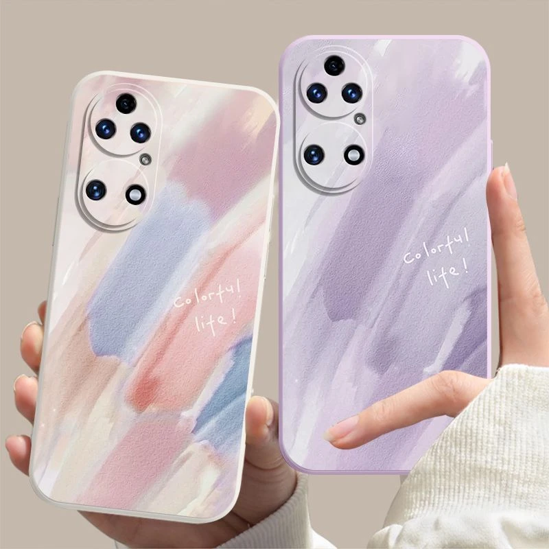 适用华为P50 P50Pro P50E彩绘涂鸦新款手机壳液态硅胶全包直边保