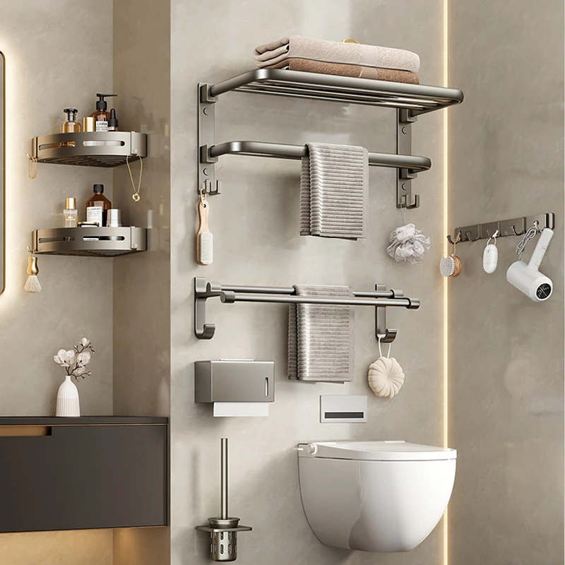 太空铝免打孔枪灰浴室卫生间置物架毛巾架壁挂式洗手间折叠浴巾架