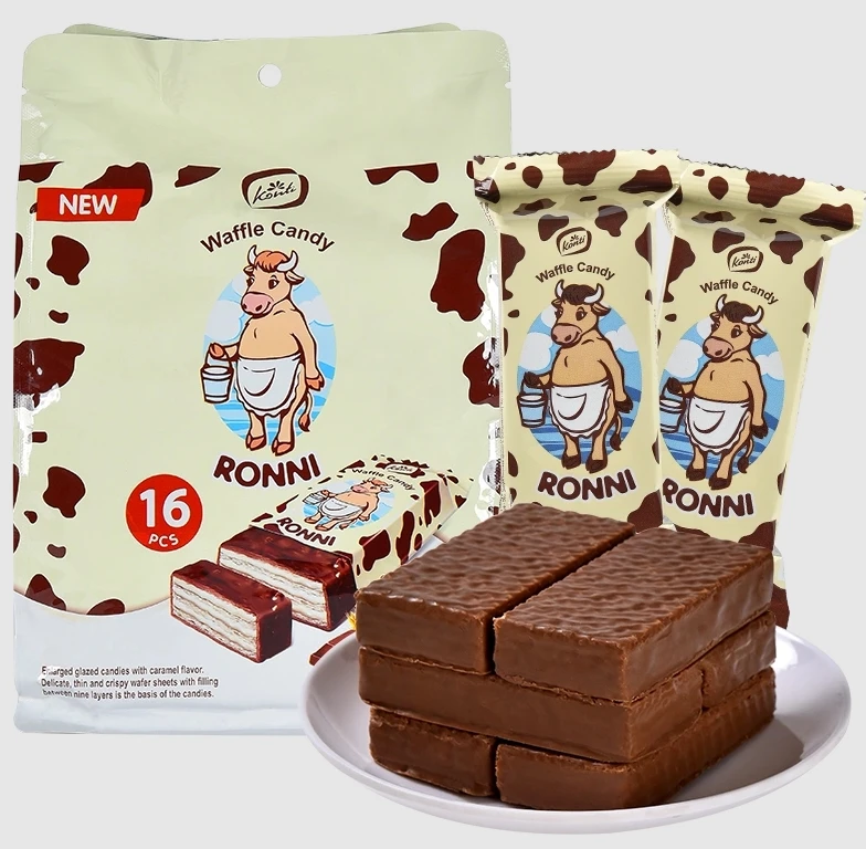 俄罗斯进口大奶牛巧克力威化饼干konti康吉牌牛奶休闲零食品