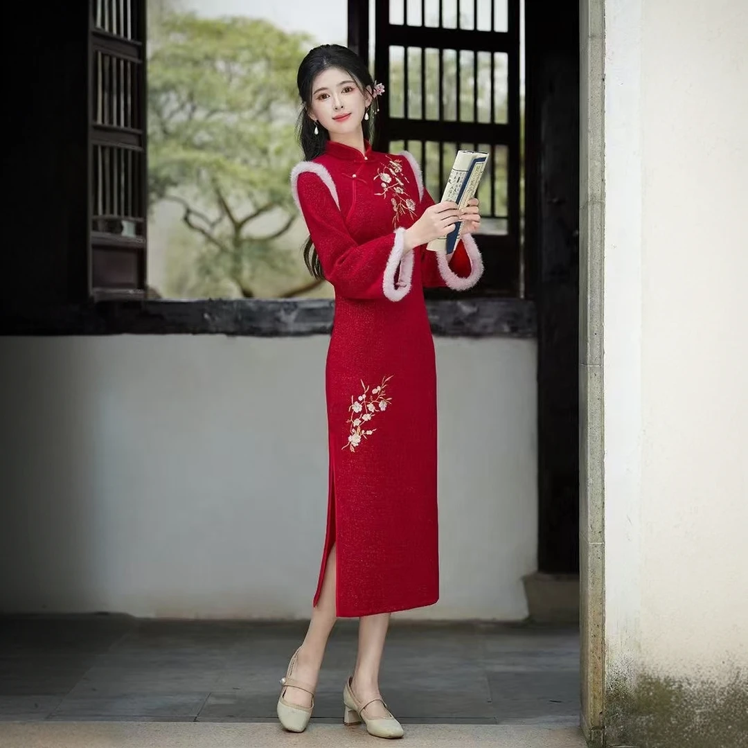 非晚 红色长袖气质旗袍冬款定婚服结婚出门服显瘦中国风