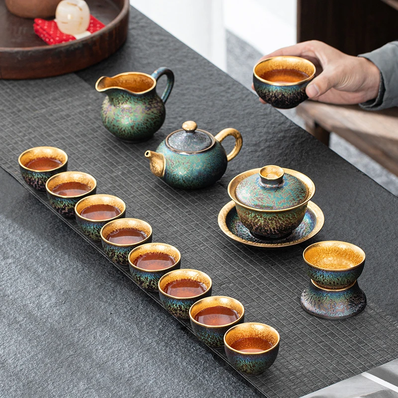述泥建盏七彩鎏金茶具套装纯手工高档茶具茶杯主人杯茶壶大套组礼