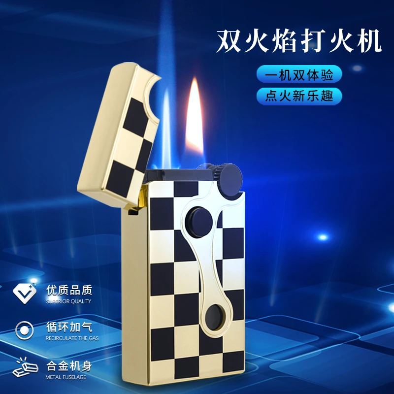 网红爆款双火切换充气打火机直冲金属男士高档个性创意砂轮打火机