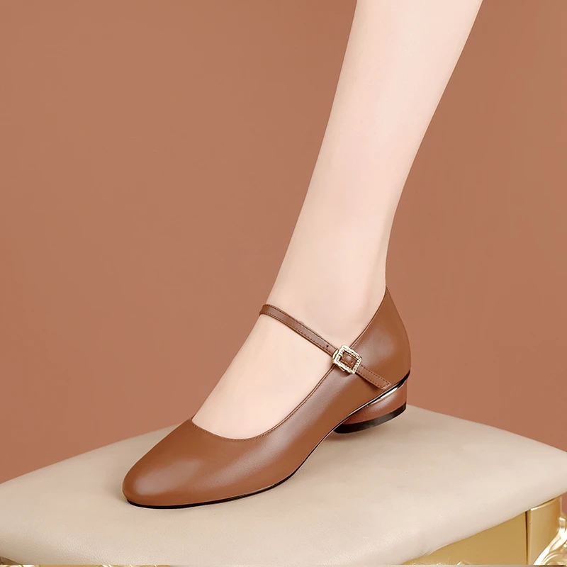 真皮玛丽珍单鞋圆头浅口粗跟软皮百搭气质女鞋春秋舒适低跟大码鞋