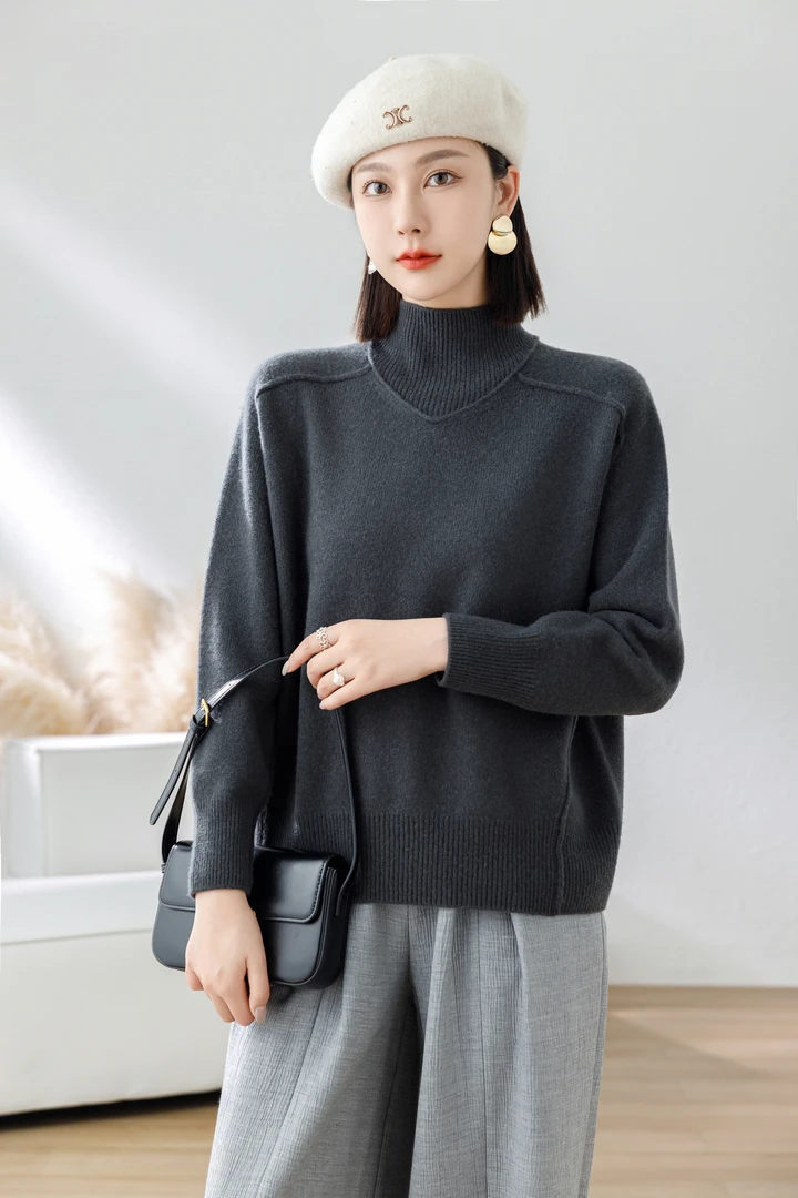 【516】100%羊毛大码女装新款毛衣宽松长袖百搭纯色高领加厚羊毛衫