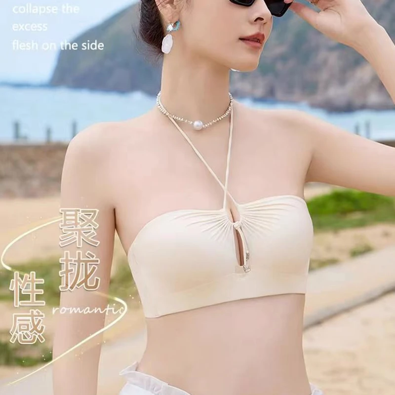 无肩带防滑半杯型内衣挂脖隐形聚拢小胸抹胸手掌文胸罩