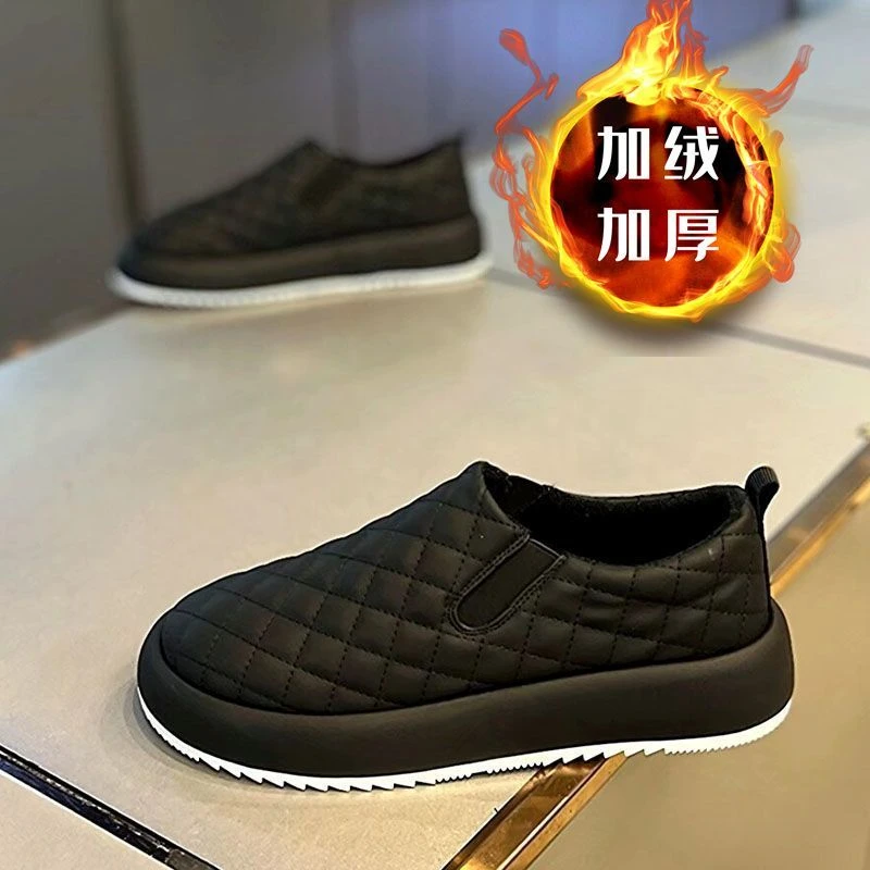 男鞋秋冬潮流男鞋一脚蹬棉鞋菱格百搭运动休闲鞋宽脚厚加绒