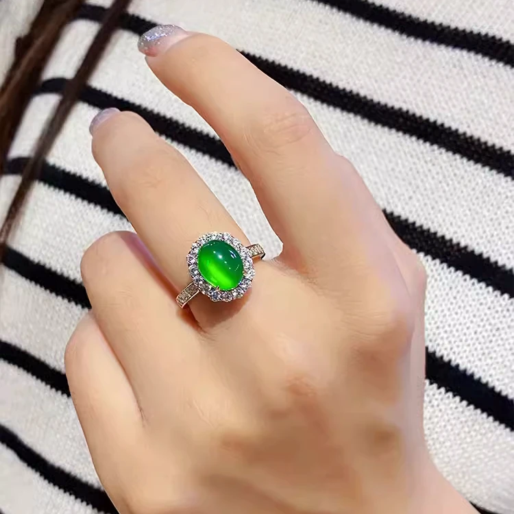天然玉石戒指女冰透满绿可调节指环极光绿饰品J22