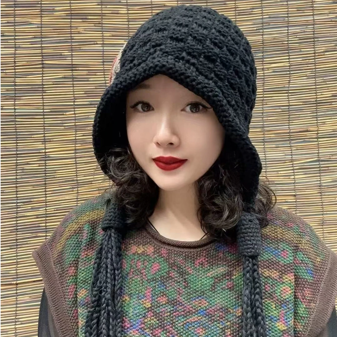 秋冬新款布块帽辫子帽