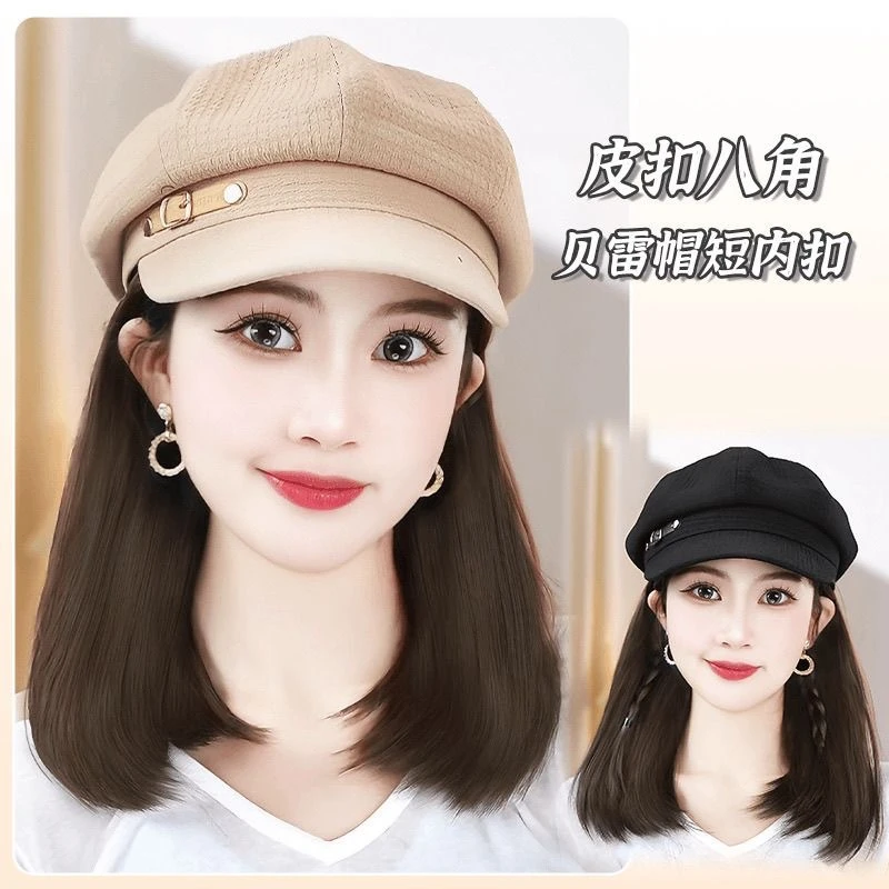 帽子假发一体时尚减龄锁骨发百皮扣八角帽帽子假发短内扣带帽假发