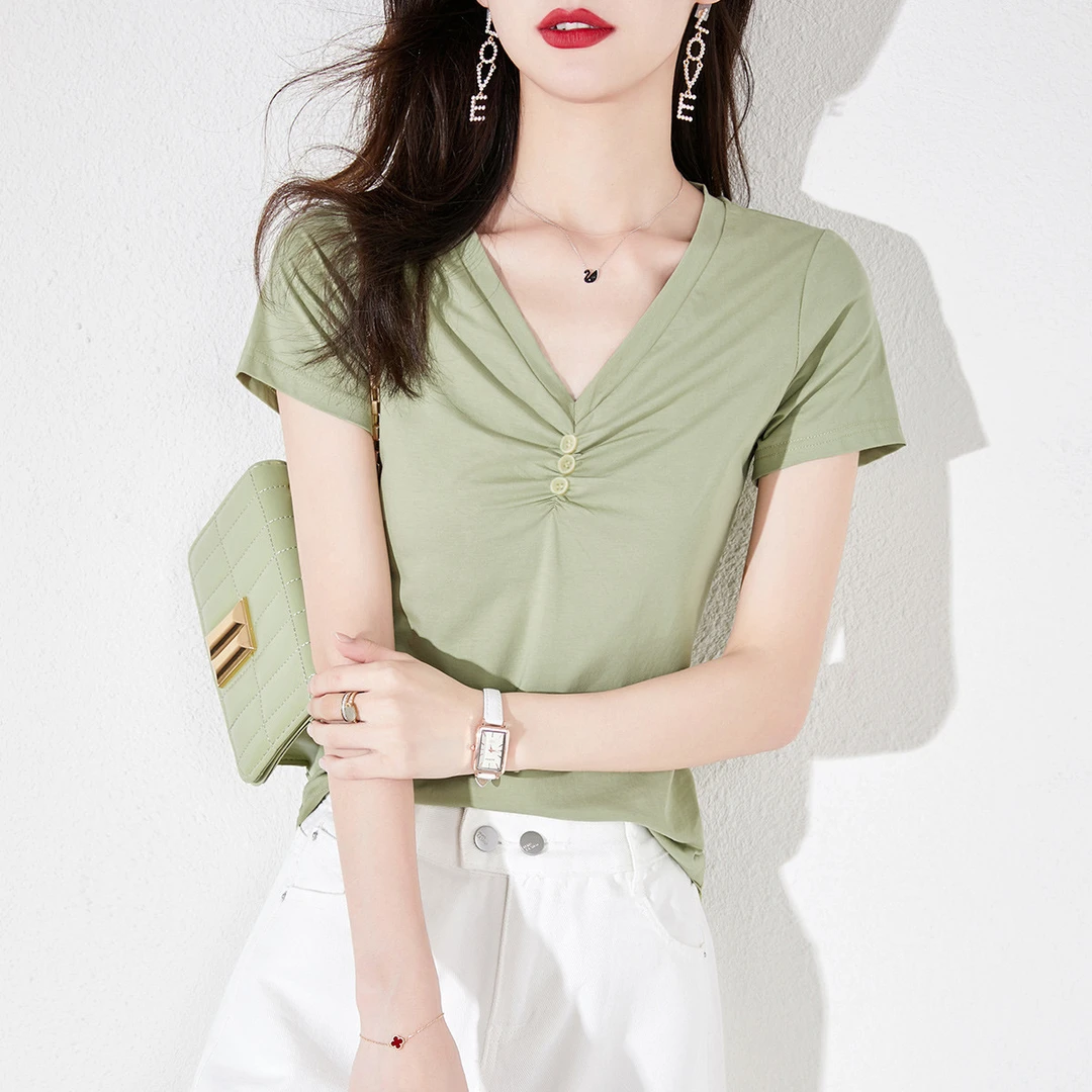 尚静小清新时尚气质V领T恤2025夏季新款小众纯色显瘦休闲百搭上衣