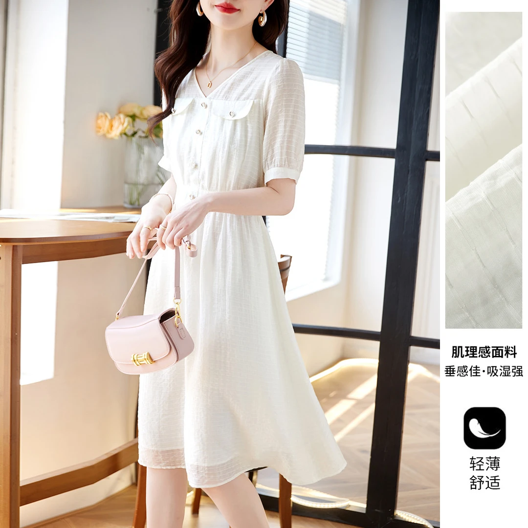 尚静纯色宽松拼接连衣裙2025夏季新款时尚收腰显瘦V领A字连衣裙女
