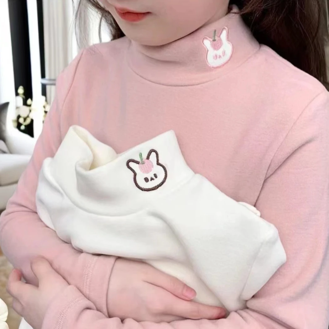 女童保暖打底衫2024冬装新款儿童德绒小宝宝洋气半高领加厚上衣潮