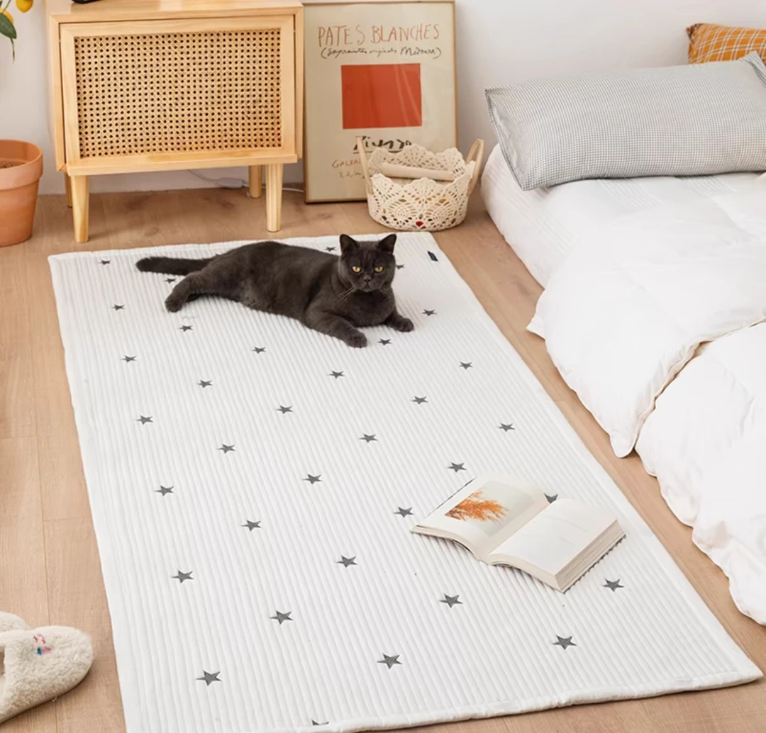 70*90白色星星棉刺绣地垫多用沙发巾姨妈垫
