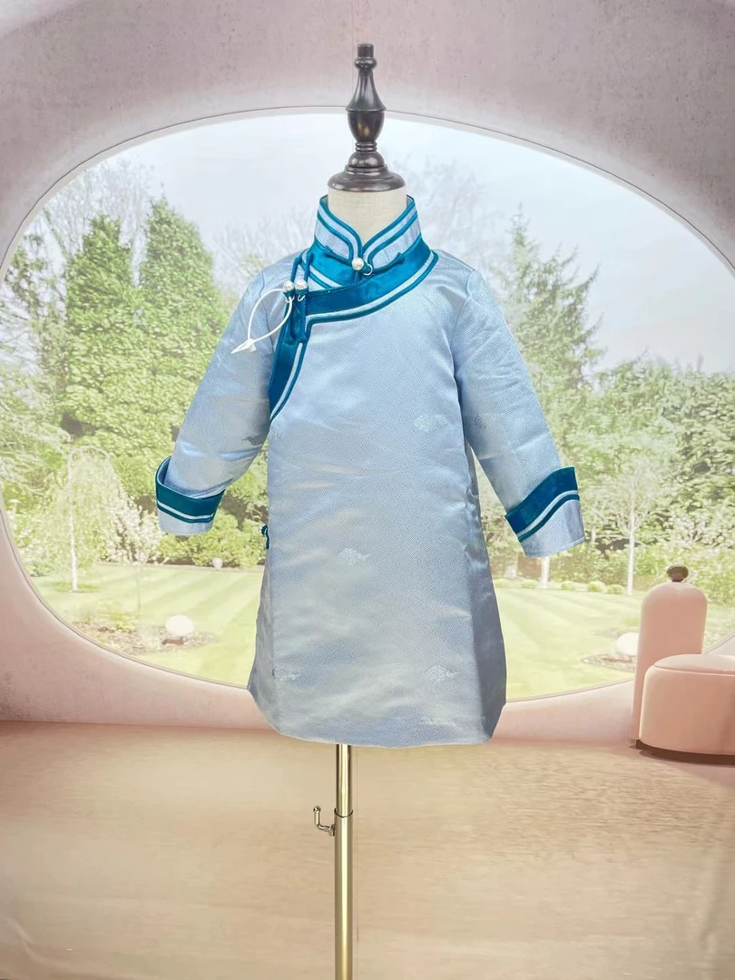 【蒙善妈】青色祥云立领袍子儿童时尚民族风长袖