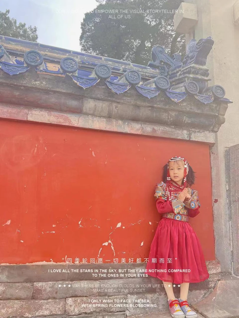 【善妈】民族风枣红色拼接泡泡马蹄袖蒙古女童纱裙连衣裙儿童