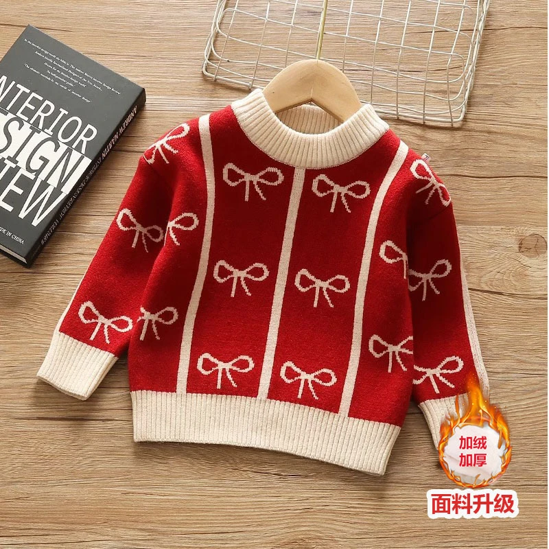 女童秋冬2025新款小女孩一体绒套头针织毛衣加厚针织衣宝宝打底衫