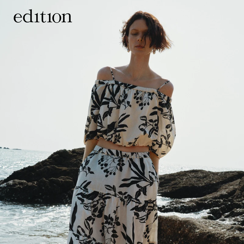 【商场同款】edition夏款一字肩亚麻印花上衣女#EBD2TOPT11